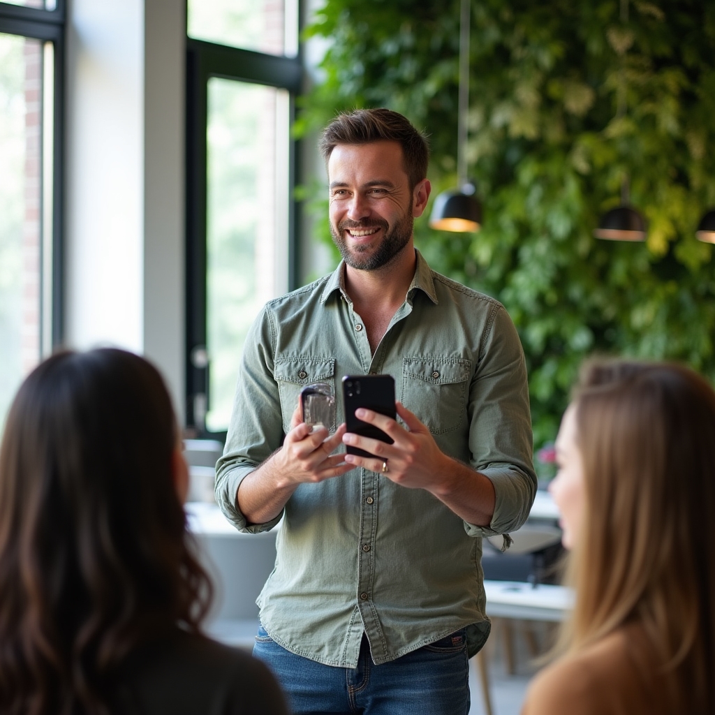 Instructor prezentând tehnici de fotografie mobilă unui grup