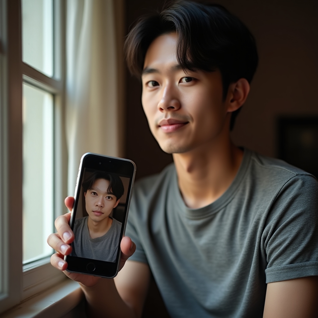 Portret în lumină naturală de fereastră fotografiat cu telefonul