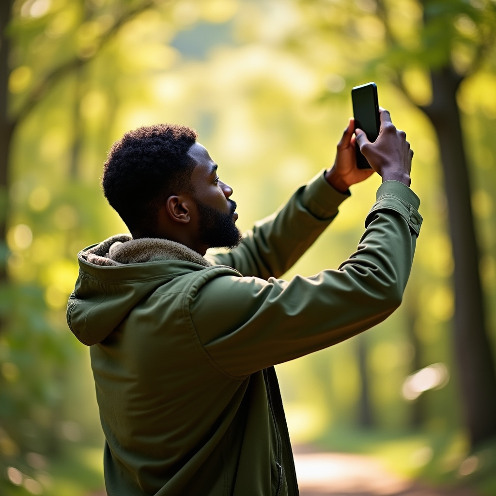 Student care practică fotografia în aer liber cu telefonul